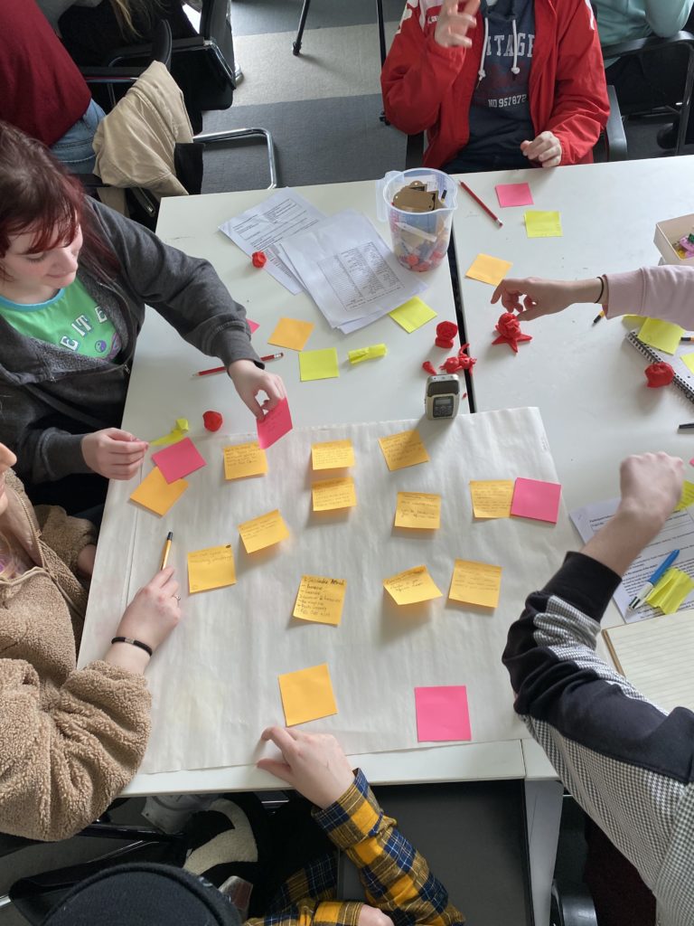 Five people sit around a table adding sticky notes to a large sheet of paper.